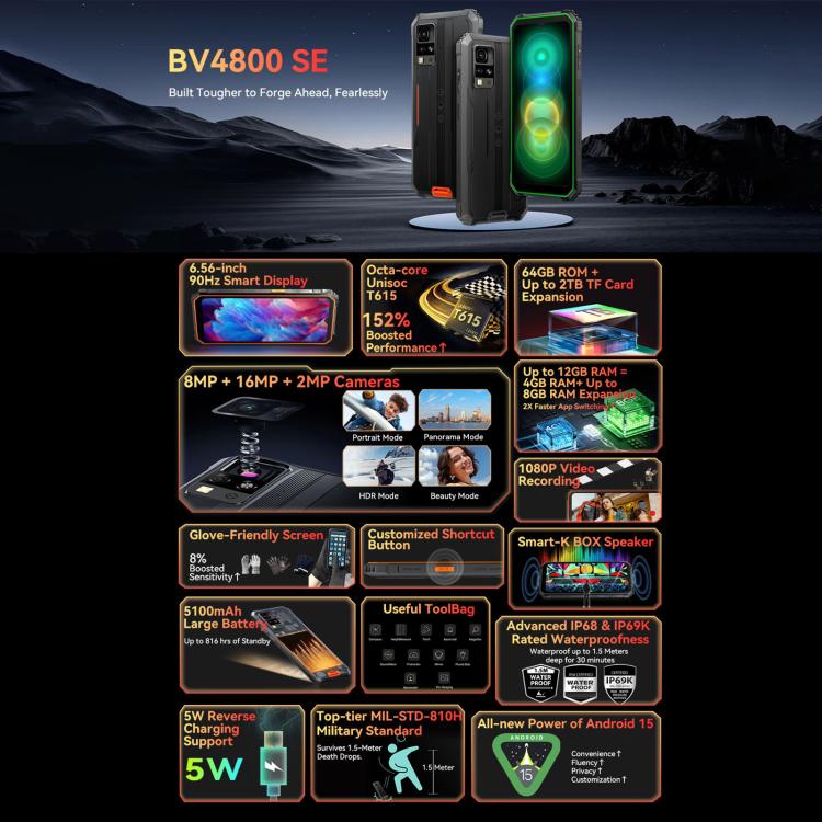 Blackview BV4800 SE Rugged Phone, 4GB+64GB, 6.56 inch Android 15 UMS9320E T615 Octa Core, Network: 4G, OTG, NFC