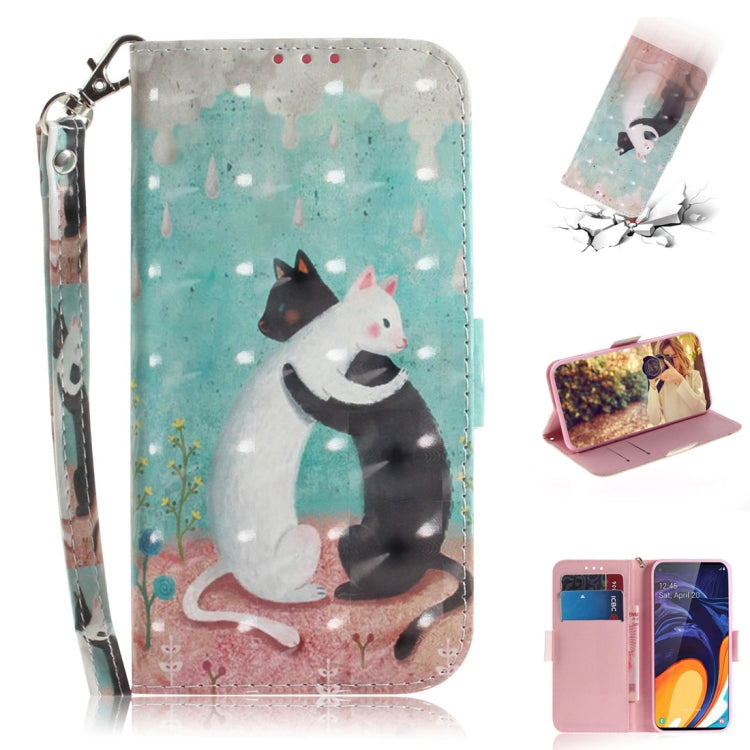 3D Colored Drawing Cats Pattern Horizontal Flip Leather Case for Galaxy A60, with Holder & Card Slots & Wallet